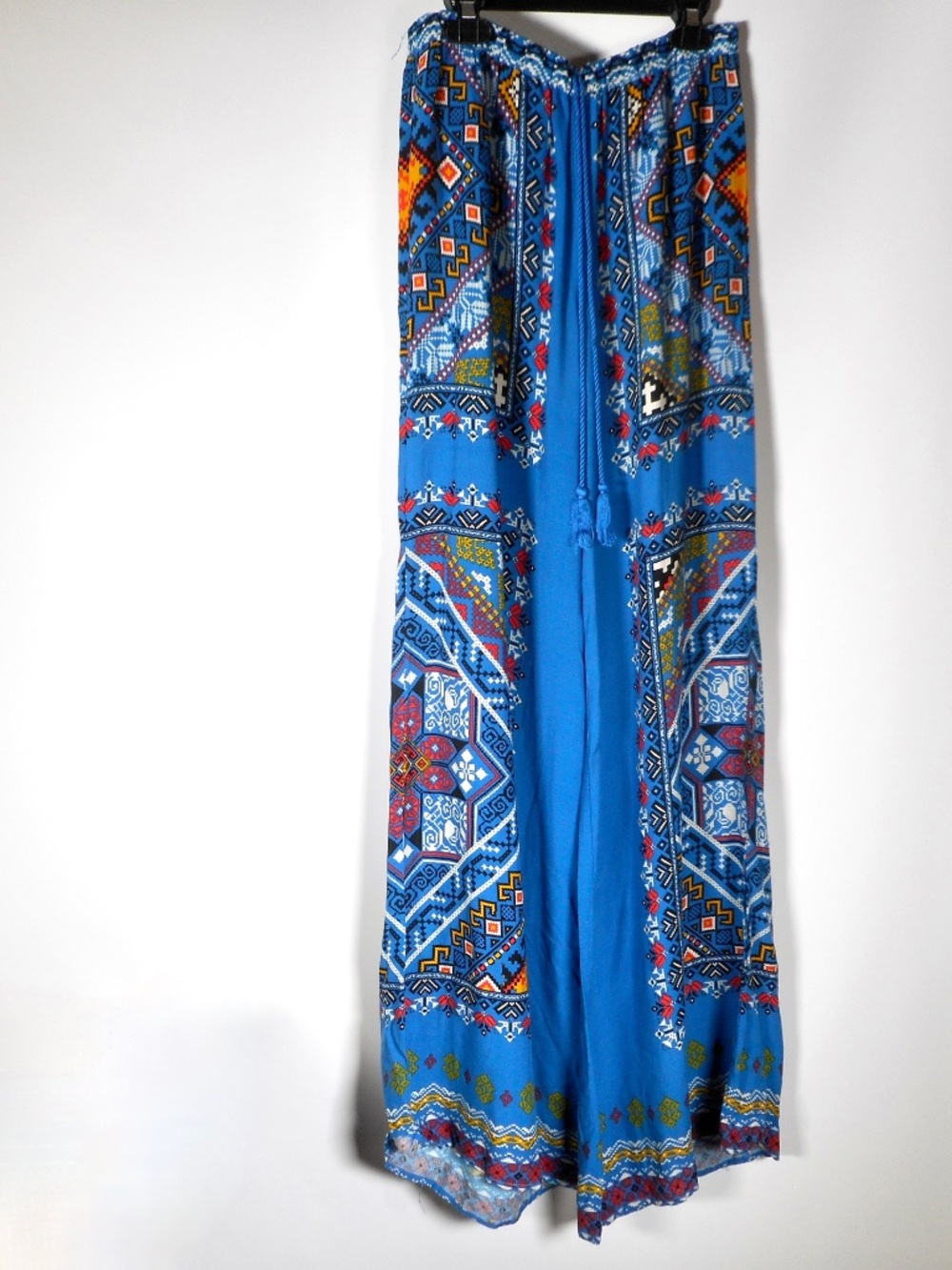 Flying Tomato Sz M Blue Boho Paisley Wide Leg Palazzo Pants Medium Tassel Front - Picture 8 of 8